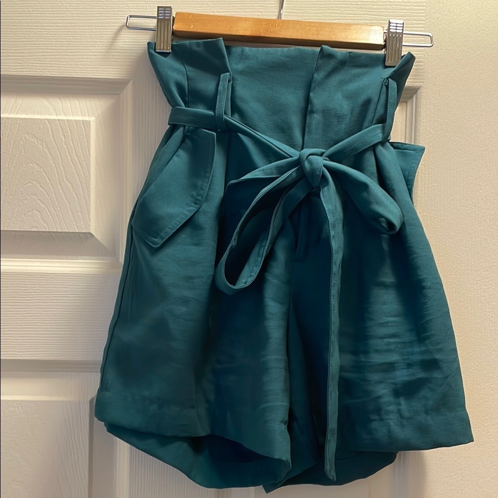 Teal High-Waisted Shorts with Bow Tie